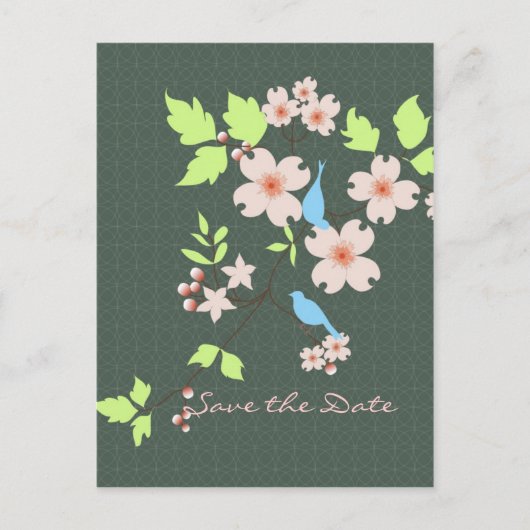Save the Date zwei blaue Vögel auf dem Dogwood-Zwe Ankündigungspostkarte (Vorderseite)