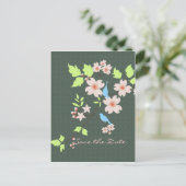 Save the Date zwei blaue Vögel auf dem Dogwood-Zwe Ankündigungspostkarte (Stehend Vorderseite)