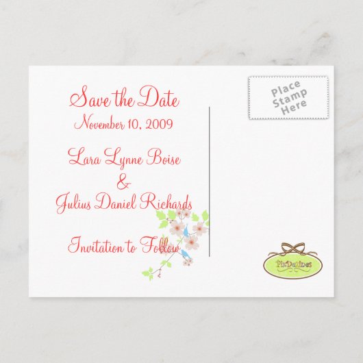 Save the Date zwei Blauvögel Ankündigungspostkarte (Rückseite)