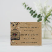 Save the Date zwei liebliche Vögel Birdcage Herz Ankündigungspostkarte (Stehend Vorderseite)