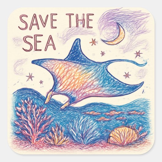 Save the Sea - Color Pencil Ocean Art Quadratischer Aufkleber (Vorderseite)