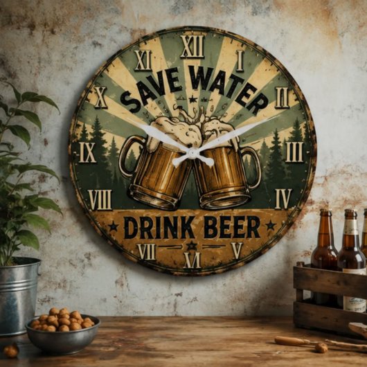 Save Water Drink Beer Funny Große Wanduhr