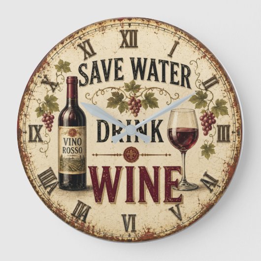 Save Water Drink Wine Große Wanduhr (Vorderseite)