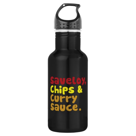 Saveloy, Chips & Curry Sauce. Edelstahlflasche (Vorderseite)