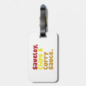 Saveloy, Chips & Curry Sauce. Gepäckanhänger (Rückseite vertikal)