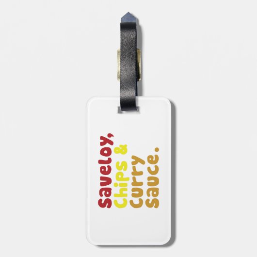 Saveloy, Chips & Curry Sauce. Gepäckanhänger (Rückseite vertikal)