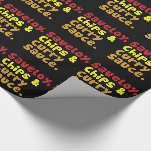 Saveloy, Chips & Curry Sauce. Geschenkpapier (Ecke)