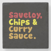 Saveloy, Chips & Curry Sauce. Steinuntersetzer (Vorderseite)