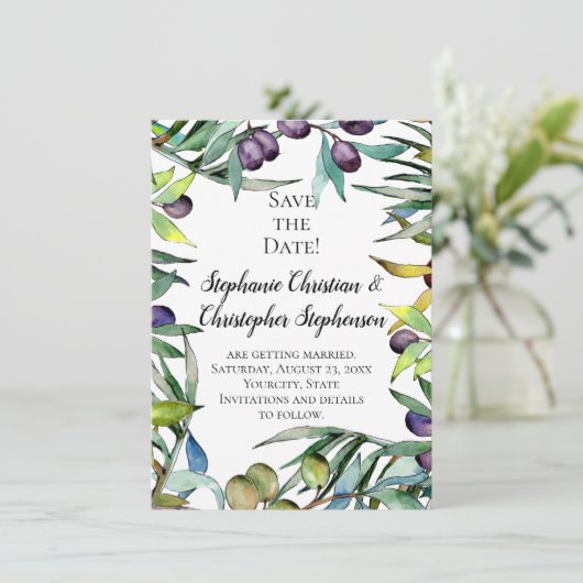 Savory Olives Toskana Wasserfarbe Save the Date Einladung (Stehend Vorderseite)