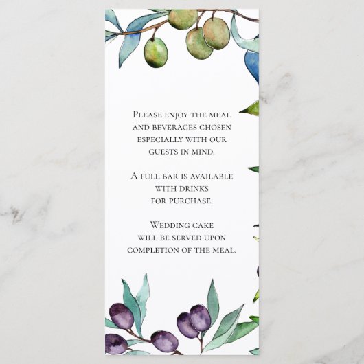 Savory Olives Toskanisches Hochzeitmenü Menükarte (Rückseite)