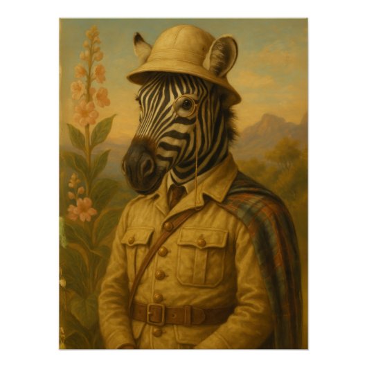 Savvy Zebra Explorer Portrait with Monocle Poster (Vorderseite)