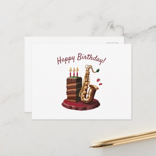 Saxaphone Chocolate Birthday Cake Postkarte (Vorderseite/Rückseite Beispiel)