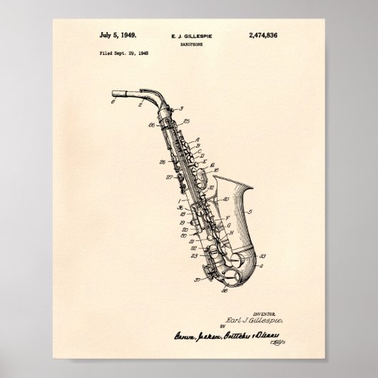 Saxophon 1949 Patent Art Old Peper Poster (Vorne)