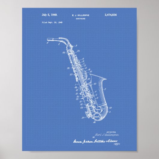 Saxophon 1949 Patentart Blueprint Poster (Vorne)