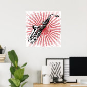 Saxophon auf Grunge Red Sunburst Poster (Heimbüro)