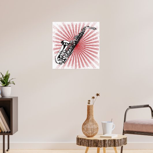Saxophon auf Grunge Red Sunburst Poster (Wohnzimmer 3)