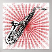 Saxophon auf Grunge Red Sunburst Poster (Vorne)