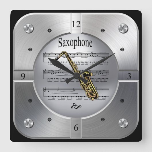 Saxophon ~ Blatt Music ~ Brushed Silver Color ~ Quadratische Wanduhr (Vorderseite)