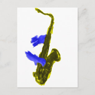 Saxophon, gespielt von zwei Händen, blau und gelb Postkarte