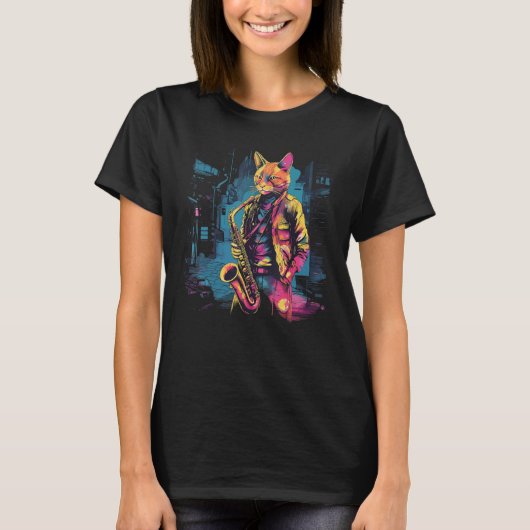 Saxophon Instrument Jazz Musiker Katze Saxophonist T-Shirt (Vorderseite)