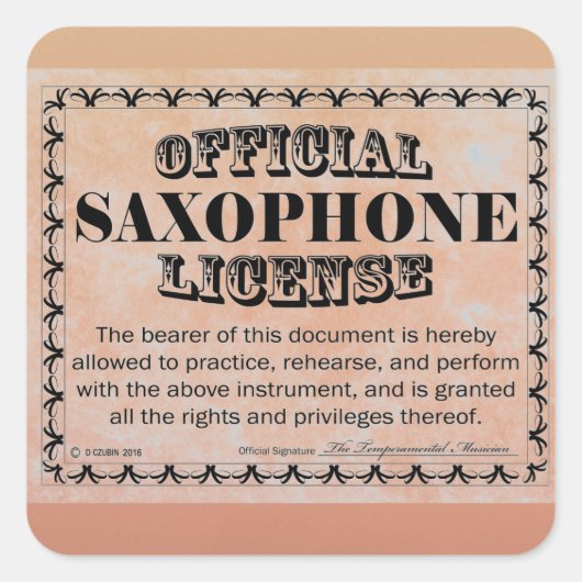Saxophon License Square Aufkleber (Vorderseite)