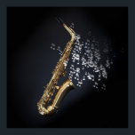 Saxophon mit musikalischen Noten aus der Glocke Poster<br><div class="desc">Saxophon auf schwarzem Hintergrund mit musikalischen Noten aus der Glocke. Visuelle Darstellung von Messingmusik</div>