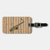 Saxophon ~ mit Notenen-Hintergrund Gepäckanhänger (Vorderseite horizontal)