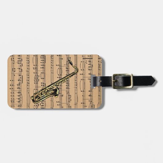 Saxophon ~ mit Notenen-Hintergrund Gepäckanhänger (Vorderseite horizontal)