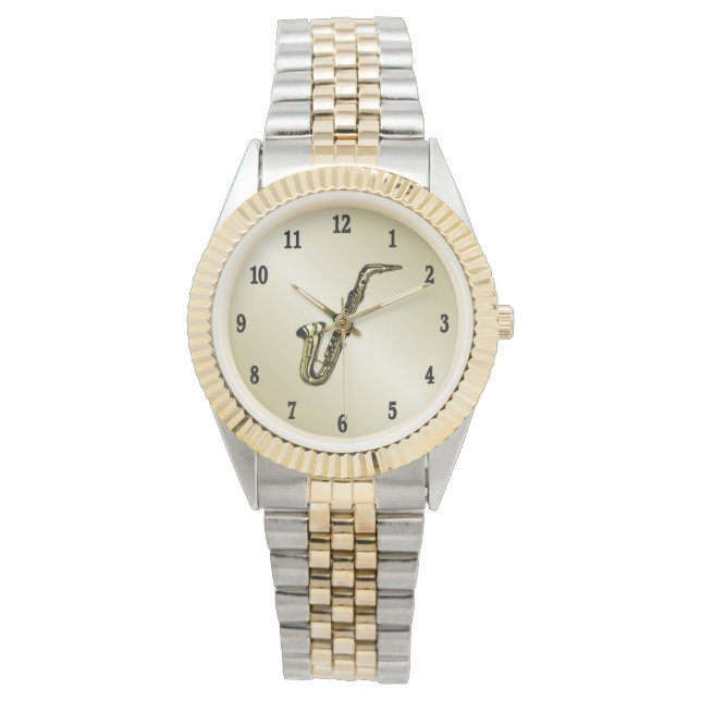 Saxophon mit schwarzen Zahlen Armbanduhr (Vorderseite)