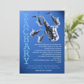 Saxophon Music Blue Bar Mitzvah Einladung (Stehend Vorderseite)