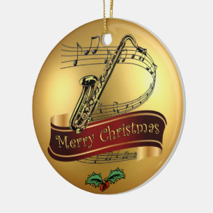 Saxophon ~Musical Scroll~Gold "frohe Weihnachten" Keramik Ornament