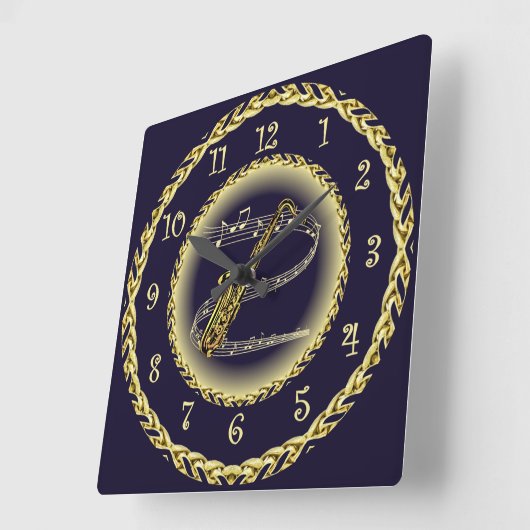 Saxophon ~ Musikalische Scroll ~ Gold/Navy Blue ~ Quadratische Wanduhr (Winkel)