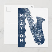 Saxophon Postkarte - Vintage Retro Navy Blue White (Vorne/Hinten)