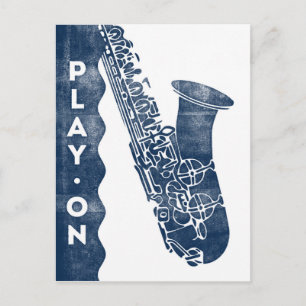 Saxophon Postkarte - Vintage Retro Navy Blue White