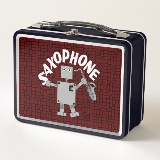 Saxophon Robot Text Metall Brotdose (Vorderseite)