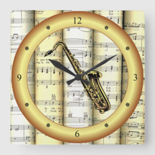 Saxophon ~ Rolled Sheet Music ~ Gold Ring ~ * ~ Quadratische Wanduhr