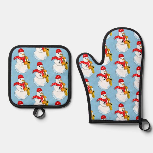 Saxophon Snowman Ofenhandschuh & Topflappen-Set (Vorderseite)