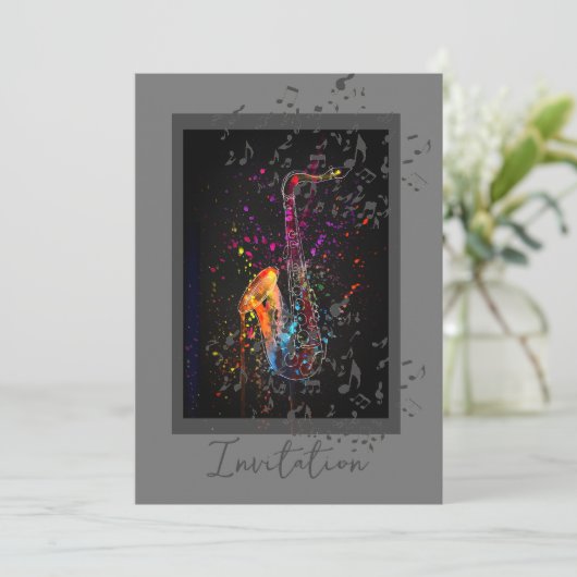 Saxophon Splash und Musiknoten Einladung (Stehend Vorderseite)