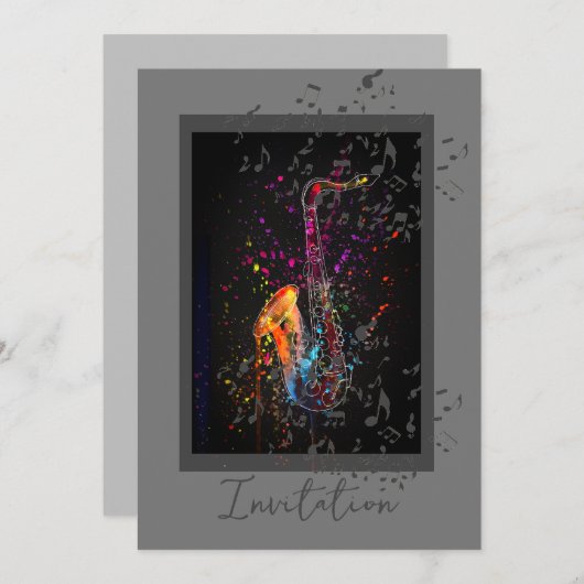 Saxophon Splash und Musiknoten Einladung (Vorne/Hinten)