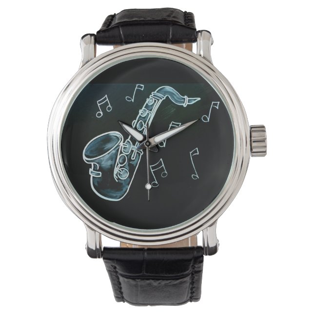 Saxophon und Noten Armbanduhr (Vorderseite)