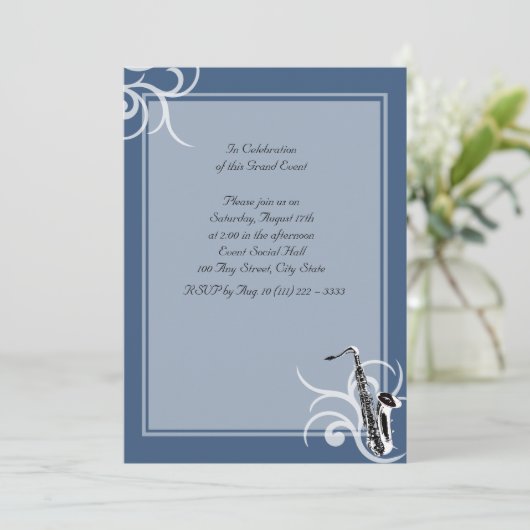 Saxophon Vollfarbe Einladung (Stehend Vorderseite)