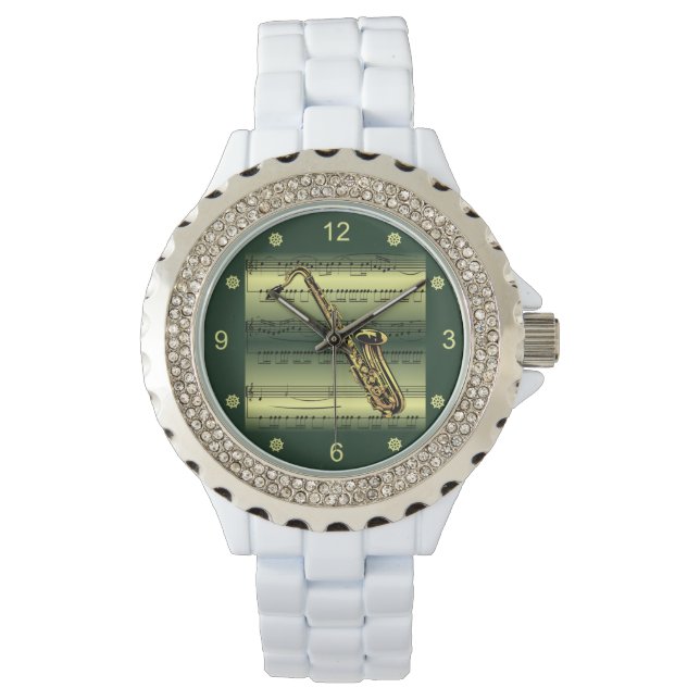 Saxophon~Walzblatt Musik~Gold/grüner Hintergrund Armbanduhr (Vorderseite)