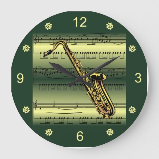 Saxophon~Walzblatt Musik~Gold/grüner Hintergrund Große Wanduhr (Vorderseite)