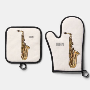 Saxophone Cartoon Illustration Ofenhandschuh & Topflappen-Set