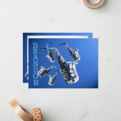 Saxophone Music Blue Vielen Dank Flachkarte Mitteilungskarte (Vorderseite/Rückseite Beispiel)