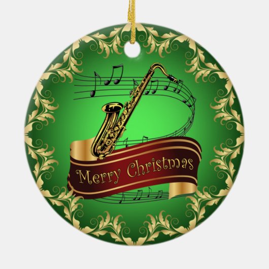 Saxophone ~ Musikalische Scroll ~ Frohe Weihnachte Keramik Ornament (Hinten)