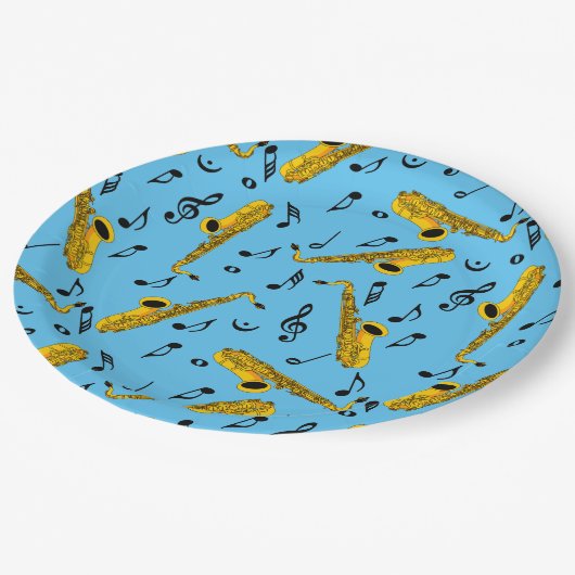 Saxophone Musiknote Pattern Pappteller (Schrägansicht)