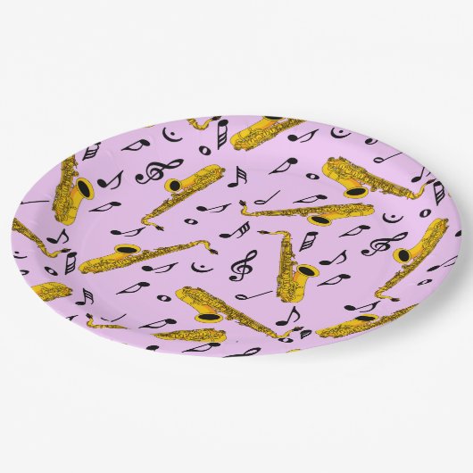 Saxophone Musiknote Pattern Pappteller (Schrägansicht)