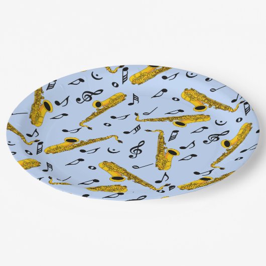 Saxophone Musiknote Pattern Pappteller (Schrägansicht)