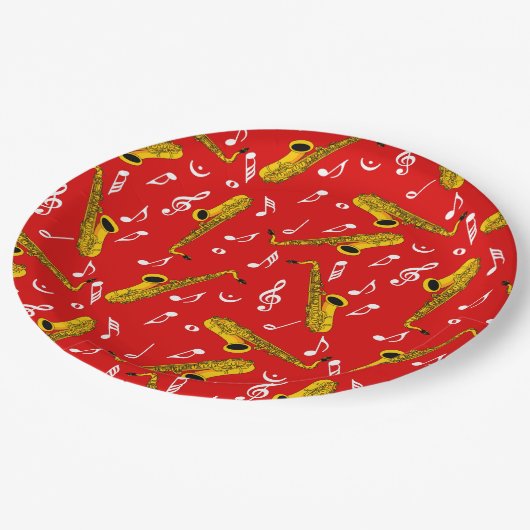 Saxophone Musiknote Pattern Pappteller (Schrägansicht)